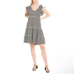 Max Studio Black and White Striped Flutter Sleeve Dress